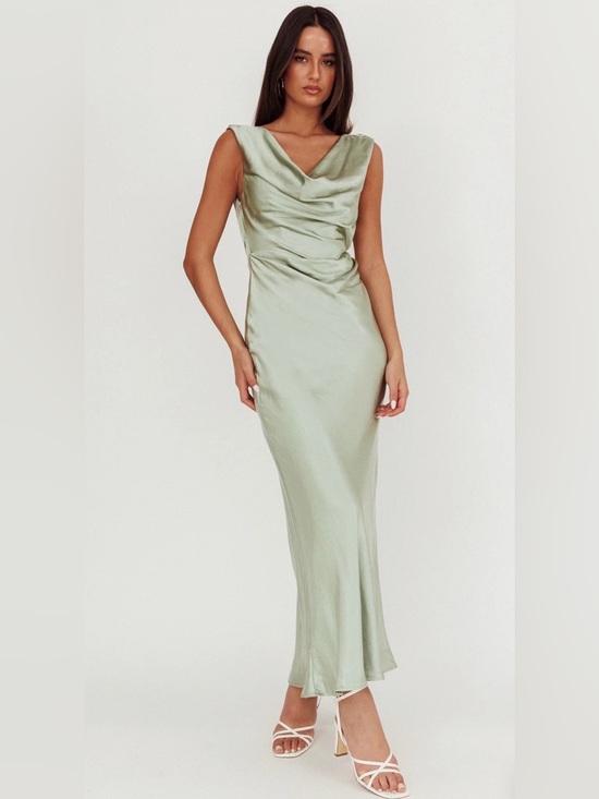 Selfie Leslie Dresses & Skirts - Selfie Leslie Chills Cowl Neck Satin Maxi Dress Sage Size Small